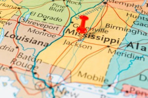 state of mississippi on u.s. map with red pin in capital