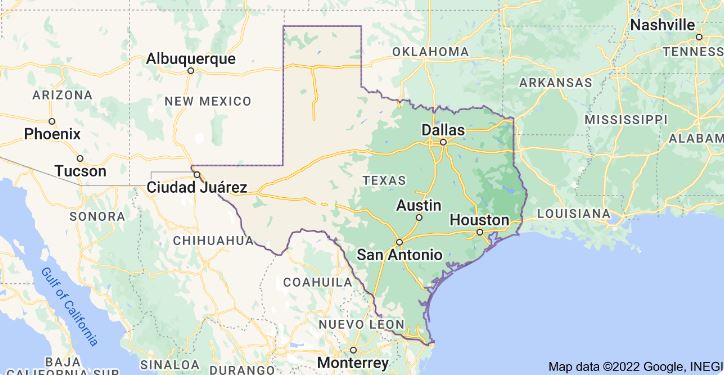 Location of Texas on map of state.