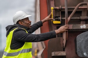 black railroad engineer on a train